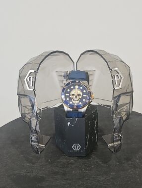Philipp Plein Blue and Gold Skull Diver Wristwatch